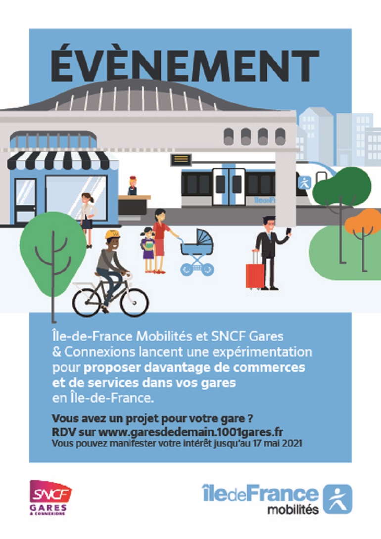 Ile-de-France Mobilités et SNCF Gares & Connexions lancent une expérimentation pour proposer davantage de commerces et de services dans vos gares en Ile-de-France. Vous avez un projet pour votre gare? RDV sur www.garesdedelain.1001gares.fr. Vous pouvez manifester votre intérêt jusqu'au 17 mais 2021.